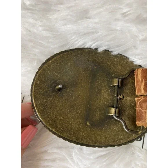 Genuine Leather Belt Women Size 38 Rhinestone Oval Buckle Brown Western - Picture 4 of 10